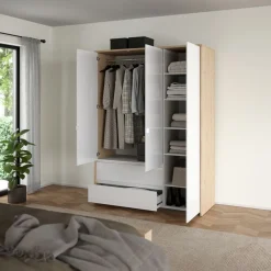 Kledingkast Atlanta Eiken / Hoogglans Wit - 149x202x58 cm