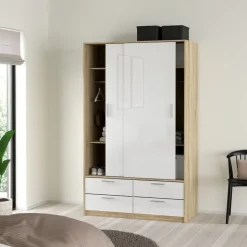 Kledingkast Jasper Eiken / Hoogglans Wit - 121x200x60 cm