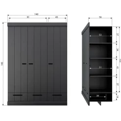 WOOOD Kledingkast Connect Zwart - 140x195x53 cm